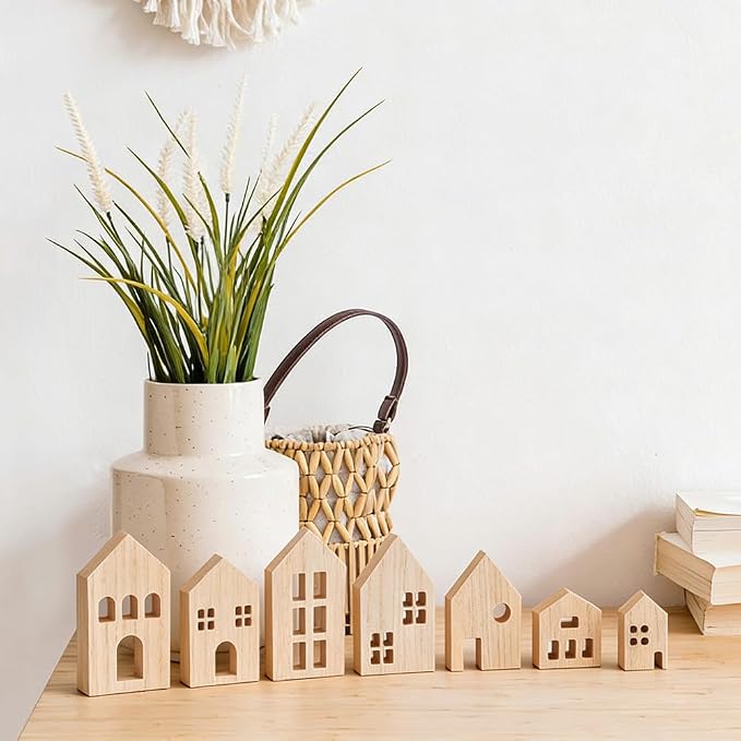 OLYCRAFT 8 Piece Wooden House Blocks Blank Unfinished House Block MDF Craft