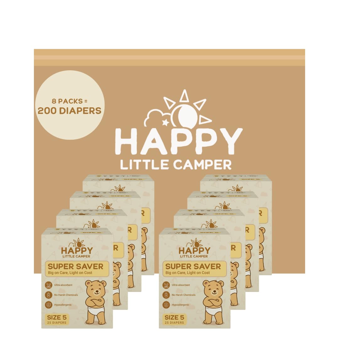 Happy Little Camper Super Saver Diapers, Size 5, 200 Count | Budget-Friendly Disposable Diapers for Sensitive Skin | Hypoallergenic, Fragrance-Free, Ultra Absorbent