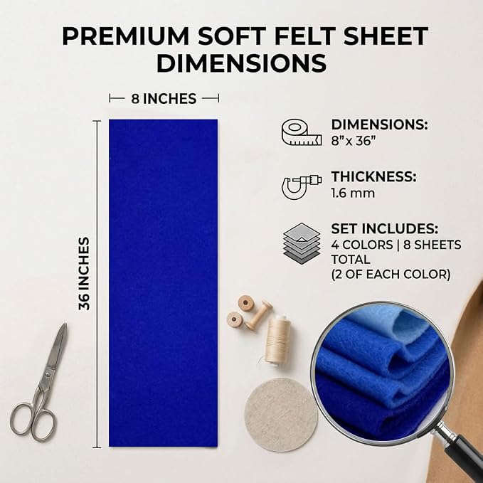 Blue Felt Fabric Sheet 8" X 36", 1.6mm Thick 8 Pack 4 Colors Assorted | Soft