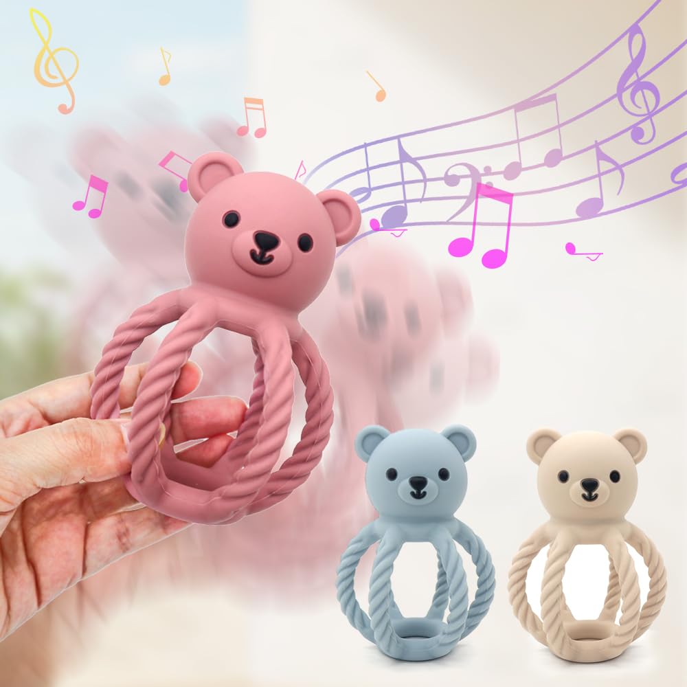 3Pcs Baby Silicone Teether Toy Set - Food-Grade Silicone Teething Relief Toys,Wooden Ring Teether Cute Bear Toy and Toy Straps for Babies 3-12 Months(Pink)