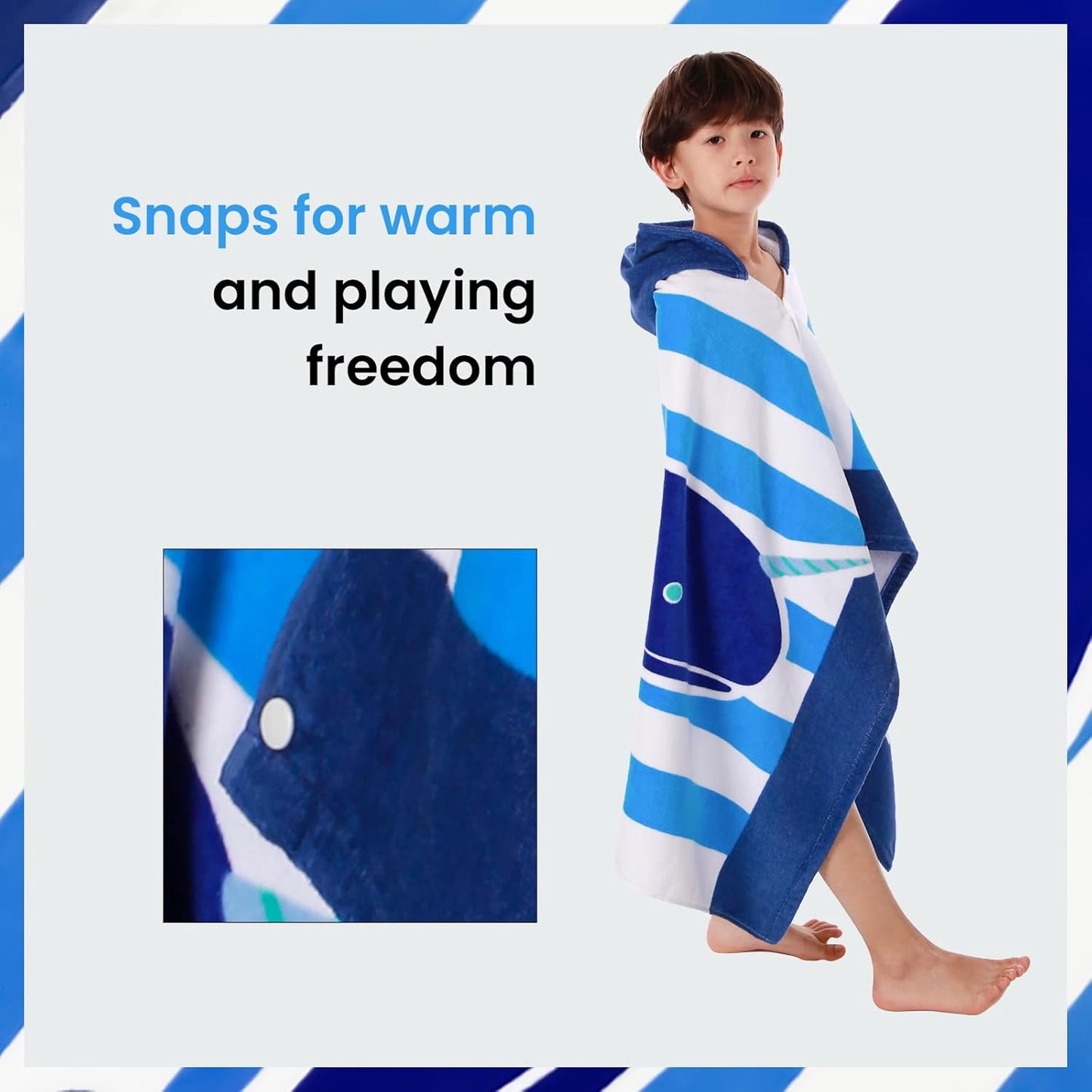 BANGSAUR Kids Hooded Beach Bath Towels, 100% Cotton 50"x30" Wrap Blanket, Toddlers Boys 3-12 Years Coverup Towel Blue Whale