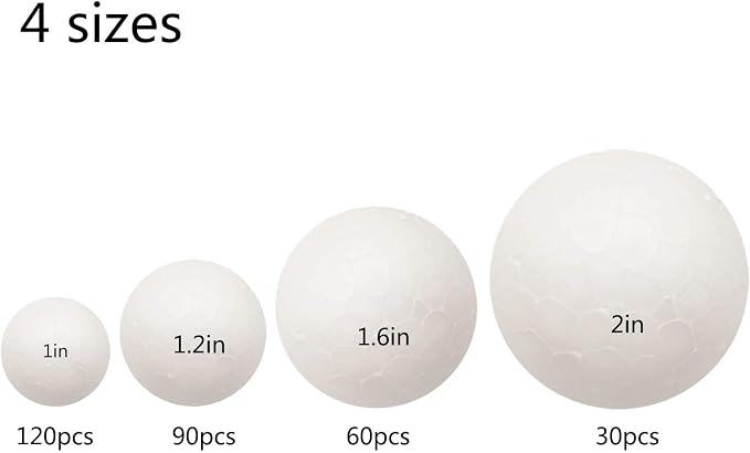300 Pack Craft Foam Balls, 4 Sizes Including 1-2 Inches, Polystyrene Smooth