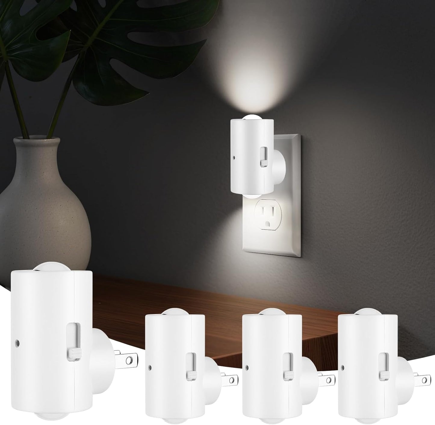 4 Pack Small LED Night Light, Dimmable Plug-in with Dusk to Dawn Auto On/Off, 5000K Daylight Adjustable Brightness (0-200 LM), 180° Rotating Head for Kitchen, Bathroom, Hallway