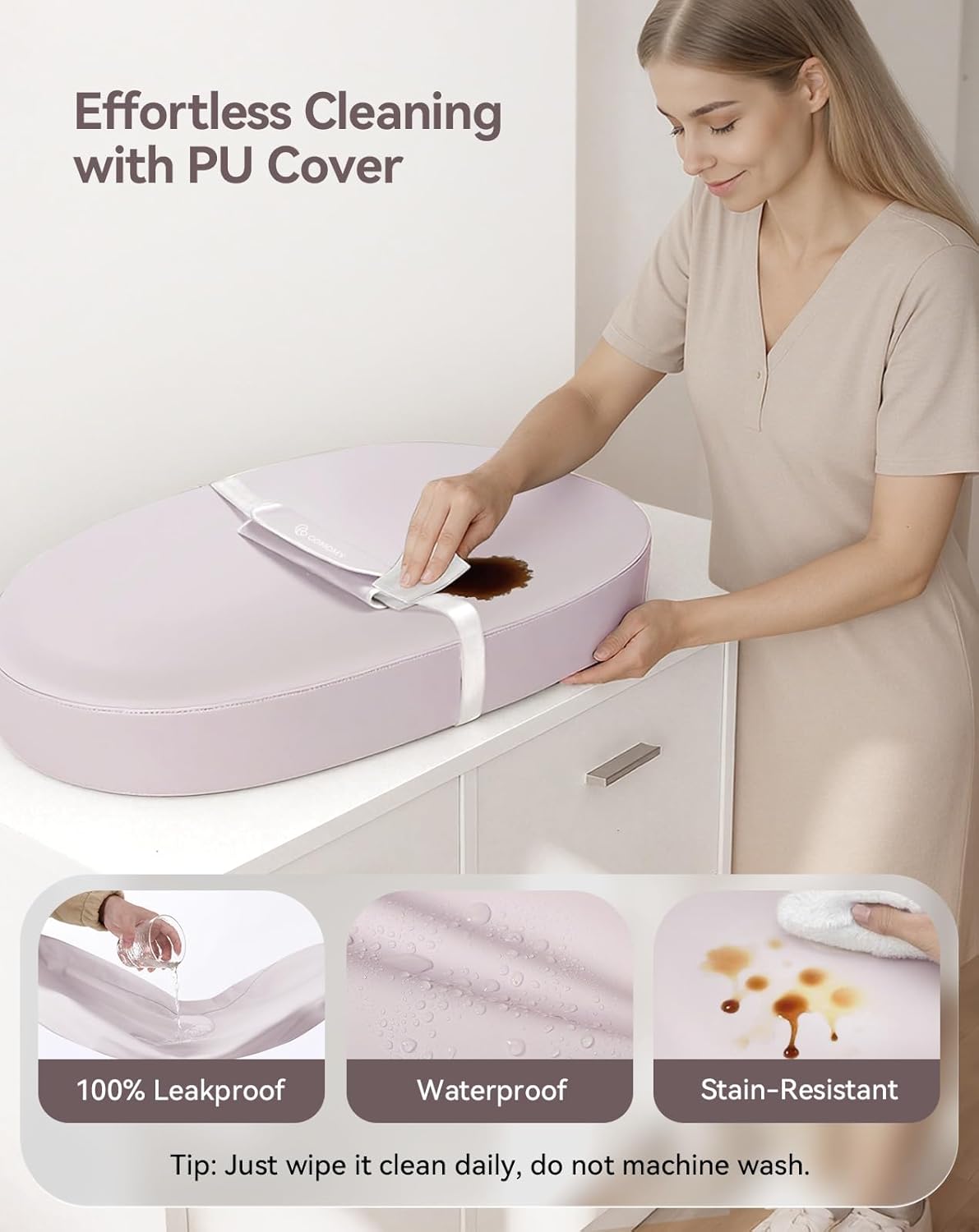 COMOMY Baby Changing Pad with Wipeable & Waterproof PU Cover, Contoured Diaper Changing Pad for Dresser with Non-Slip Safety Belt, Portable and Lightweight, Large Cushioned Foam, Lavender