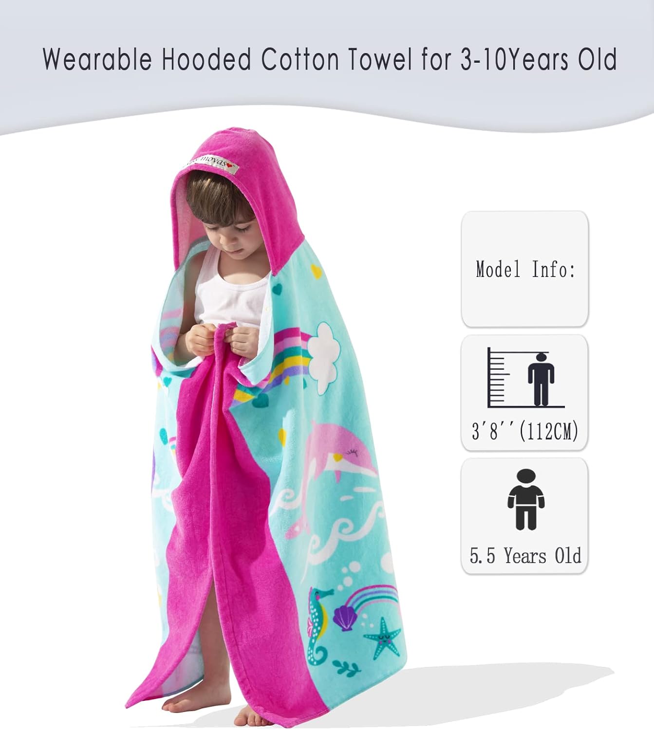 VOOVA & MOVAS Kids Hooded Beach Towels (3-10Years, 30''X50) | 100% Cotton | Large Soft Thick Absorbent Wrap Blanket | Ideal for Beach, Pool, Bath | Pink Whale