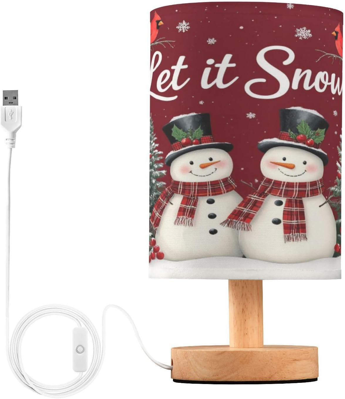 Dussdil Christmas Snowmen Cardinals Trees Table Lamp Bedroom Bedside Night Reading Desk Lamps Cylinder Nightstand Sleeping Light Lamp for Xmas Party Living Room Office Decor