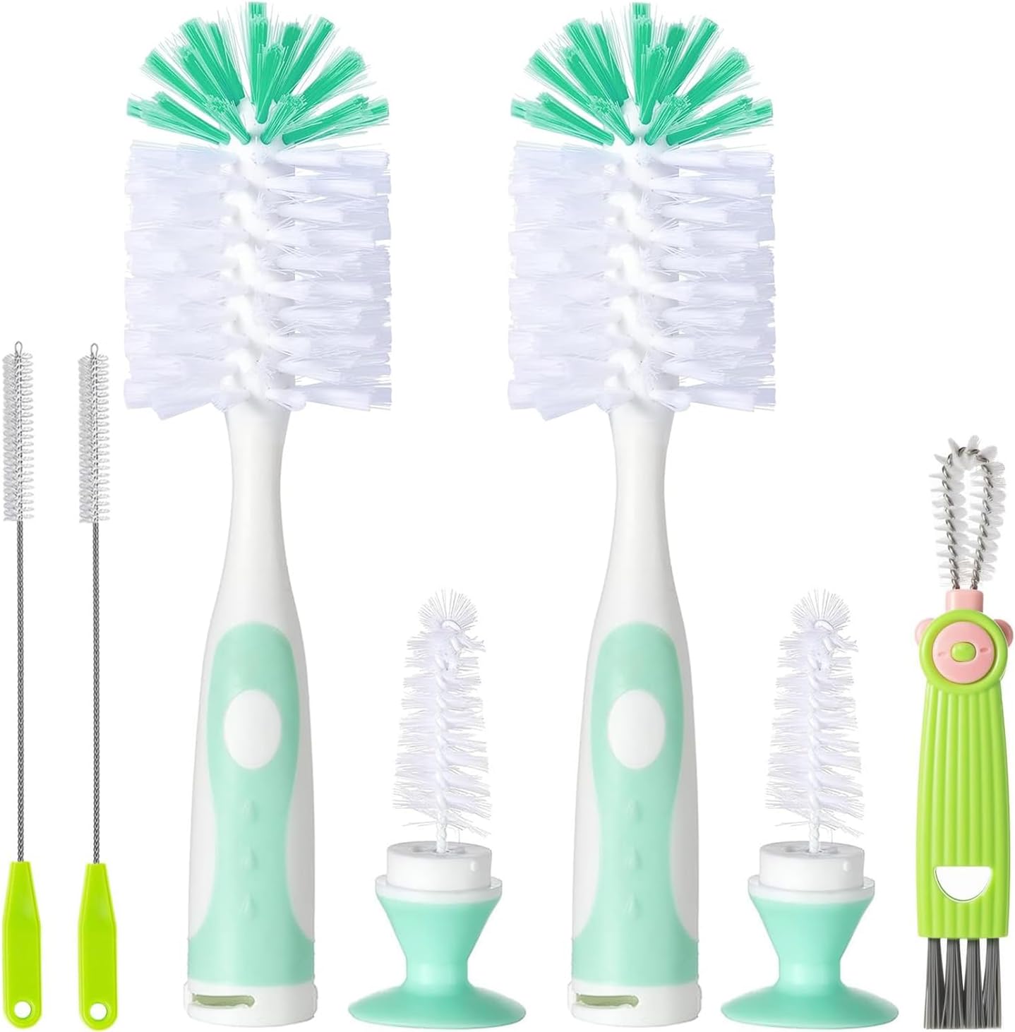 Baby Bottle Brush Set, 2Pcs Nylon Bottle Brush with Stand, 2 Hidden Nipple Brush, 2 Straw Brush, 1 Lid Brush, Bottles Brush Cleaner for Baby Bottle, BPA-Free(Green)