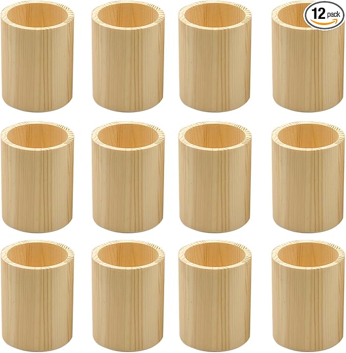 Cregugua 12-Pack 4 Inch Round Wood Pen Holder Unfinished Wooden Pencil Holder