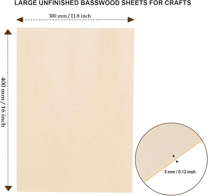 12 Pack Basswood Sheets for Crafts 12"x16"x1/8", 3mm Thick Plywood Sheets Board
