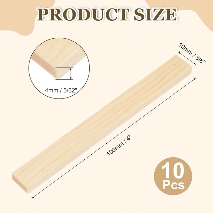 MECCANIXITY 10Pcs Wood Strips Slats, 5/32" x 3/8" x 4" Thin Wood Sticks Flat