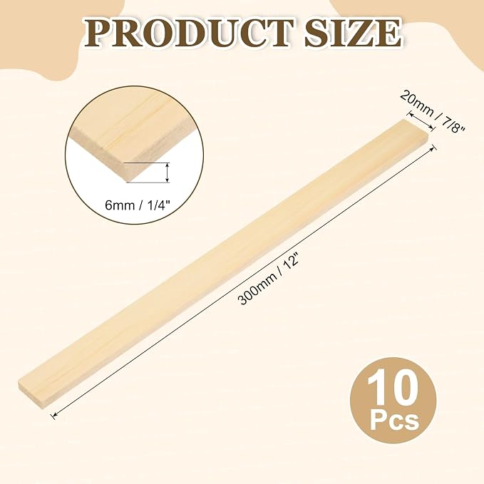 MECCANIXITY 10Pcs Wood Strips Slats, 1/4" x 7/8" x 12" Thin Wood Sticks Flat