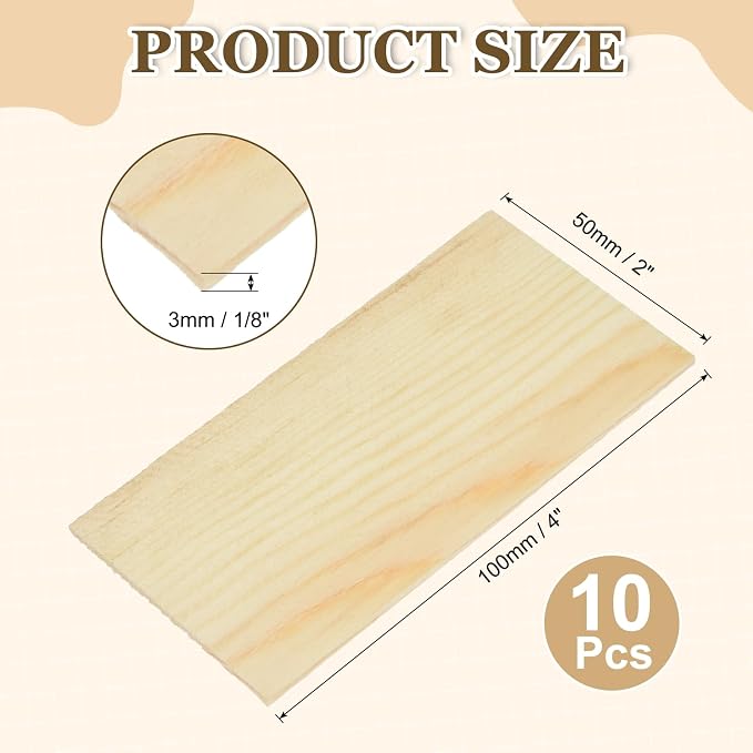 MECCANIXITY 10Pcs Wood Strips Slats, 1/8" x 2" x 4" Thin Wood Sticks Flat