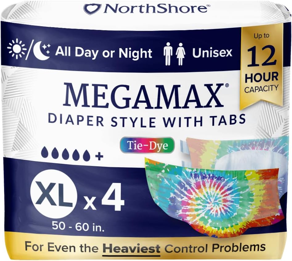 NorthShore MegaMax Adult Overnight Diapers, 12-Hour Tab-Style, X-Large, 4 Count Starter Pack, Tie-Dye, 50-60 inches, Unisex Incontinence Underwear