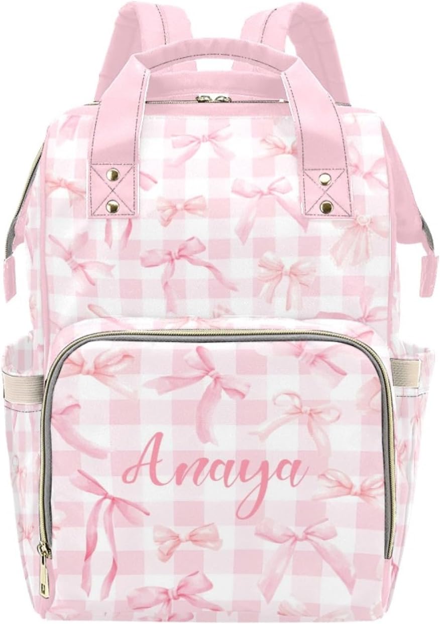 Custom Diaper Bag Backpack for Women, Personalized Name Nursing Mommy Daypack, Pink Bow Diaper Bag for Baby Girls, New Mom Gifts