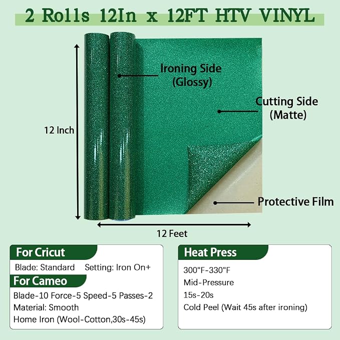 guangyintong Glitter Green Heat Transfer Vinyl HTV Rolls, 2 Rolls 12" x 12ft