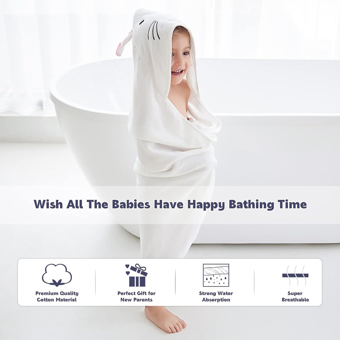 MICHLEY Animal Face Hooded Baby Towel Cotton Bathrobe for Boys Girls 0-6 Year White