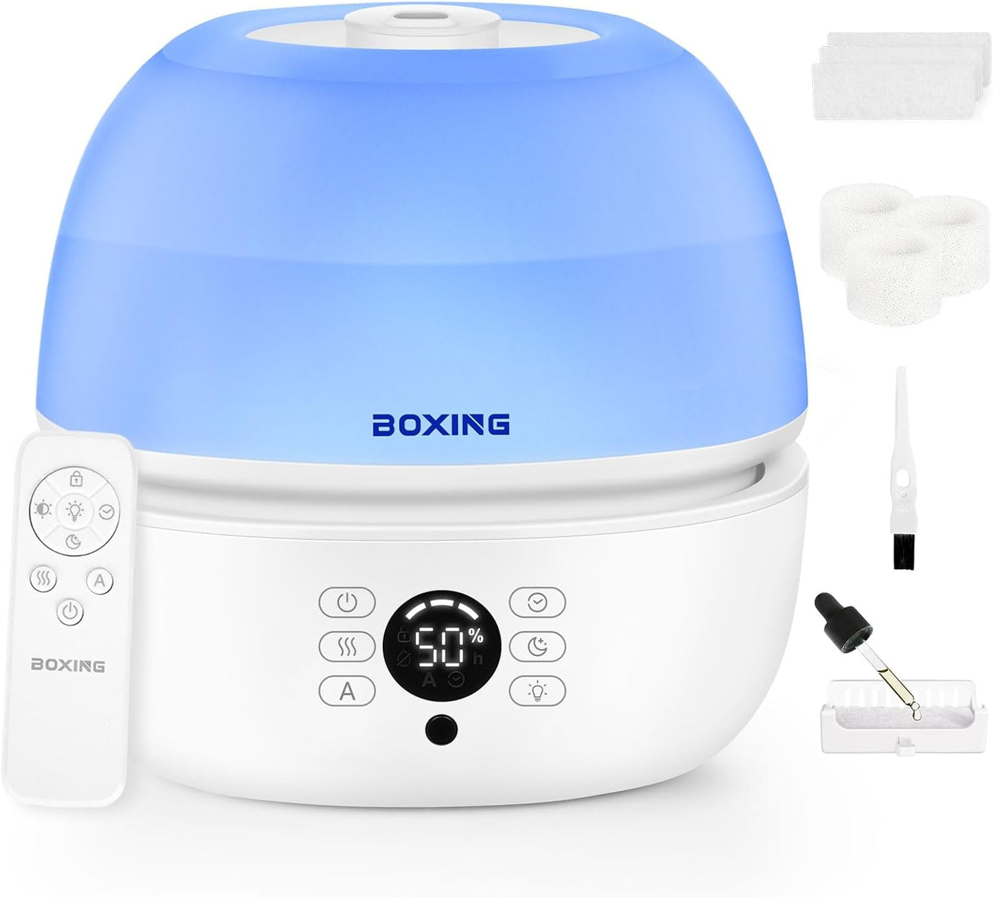 BOXING Top Fill Humidifiers for Bedroom Baby with Humidistat, 20dB Quiet Air Humidifier for Large Room & Indoor Plants with Remote, Cool Mist Diffuser for Home, 7 Color Light, Essential Oil Tray,Timer
