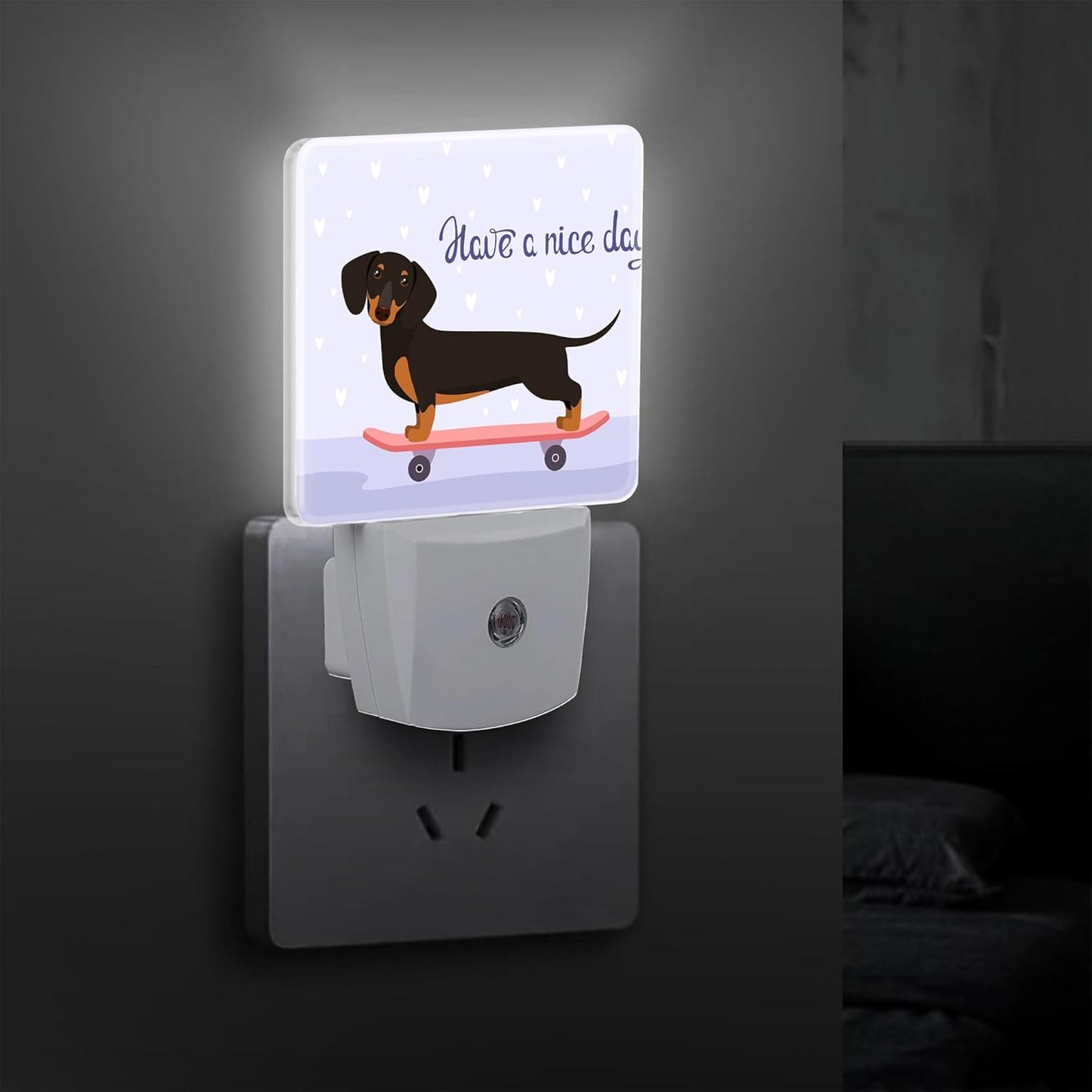 Funny Dachshund on Skateboard Plug in Night Light with Auto Dusk to Dawn Sensor,Warm Night Lights for Boys Girls Bedroom Bathroom Hallway Kids Room Gifts