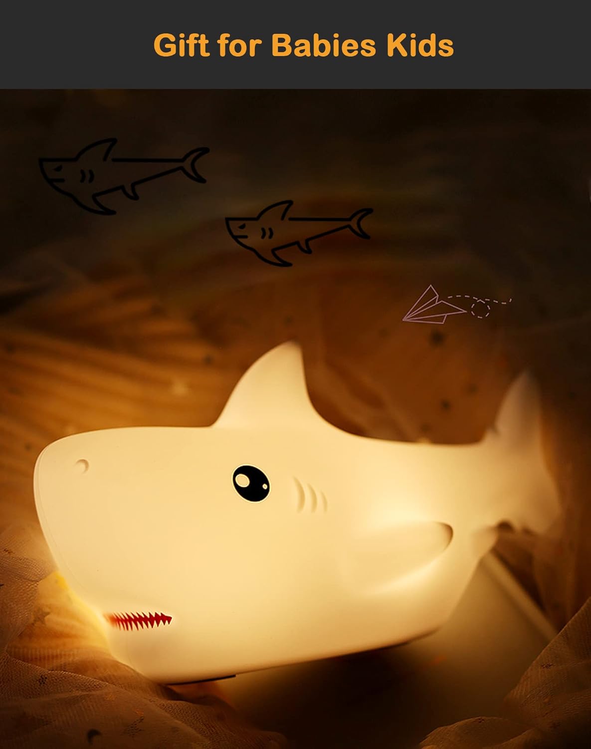 Shark USB Rechargeable Silicone LED Night Light for Kids, Multicolor Cute Nursery Light with Warm White and 7-Color Breathing Mode for Kids Baby Children Bedrooms