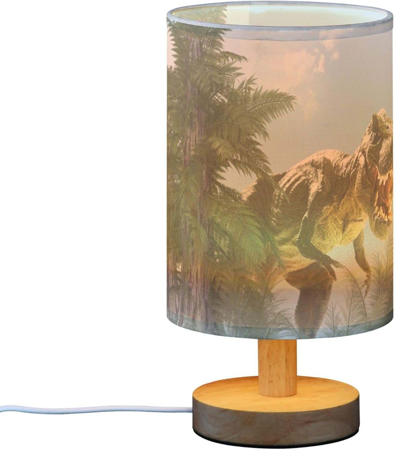 Table Lamp Dinosaur in Jungle Forest Nightstand Lamp with Wood Base Fabric Lamp Shade Bedside Desk Lamp for Living Room Bedroom Kids Room Office