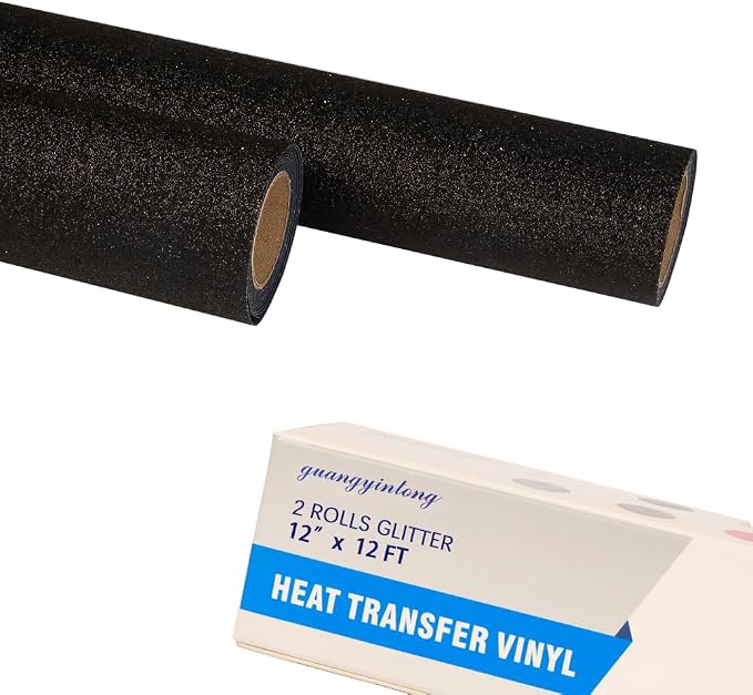 guangyintong Glitter Black Heat Transfer Vinyl HTV Rolls, 2 Rolls 12" x 12ft