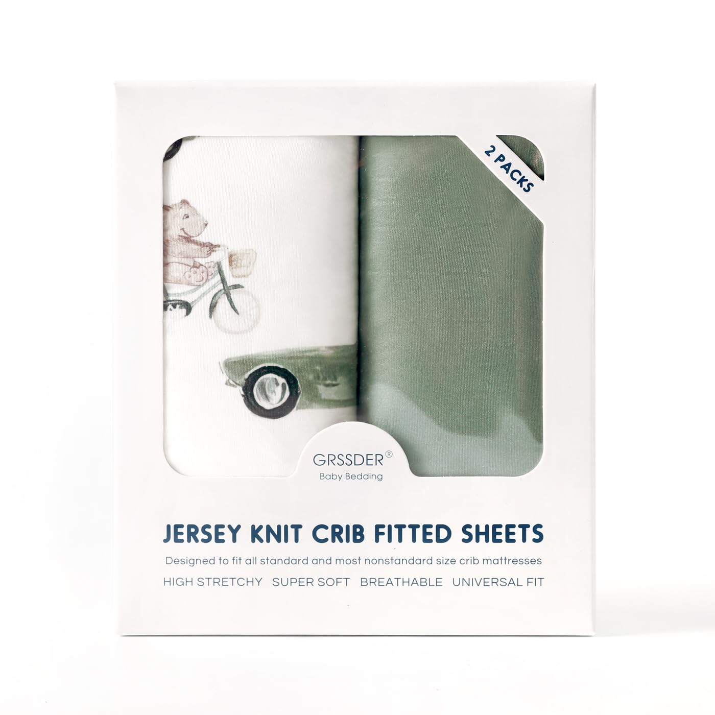 GRSSDER Stretchy Ultra Soft Jersey Knit Fitted Crib Sheets Set 2 Pack, Universal Fitted All Standard Crib Mattress Pads Safe and Snug, Crib Fitted Sheet for Baby, Neutral Pattern of Cartoon Cars Print