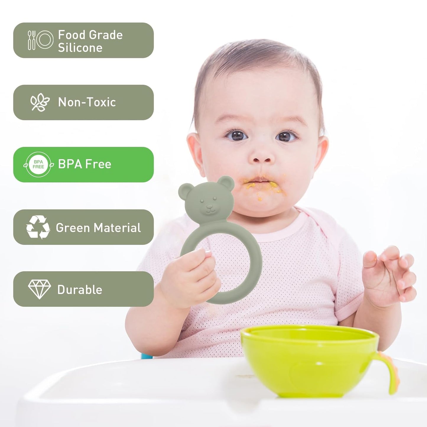 Silicone Baby Teether, Teething Toy Ring for Babies, Easy to Hold Design, BPA Free (Sage + Ether)