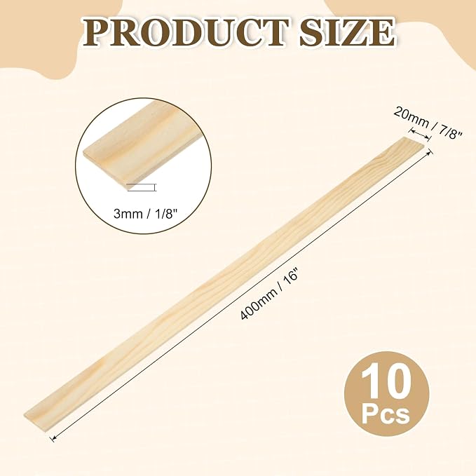MECCANIXITY 10Pcs Wood Strips Slats, 1/8" x 7/8" x 16" Thin Wood Sticks Flat