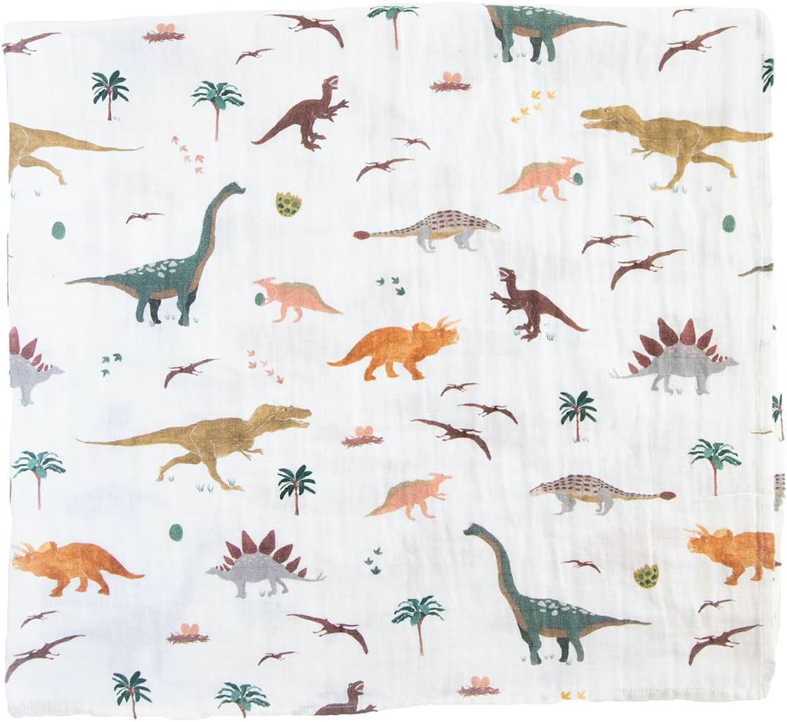 RED ROVR 100% Certified Organic Cotton Muslin Swaddle | Newborn Receiving Blanket | Baby Wrap | Boy, Girl, Unisex | Soft, Lightweight, Breathable | Burping, Nursing, Swaddling | 44" x 44" | Dino Days