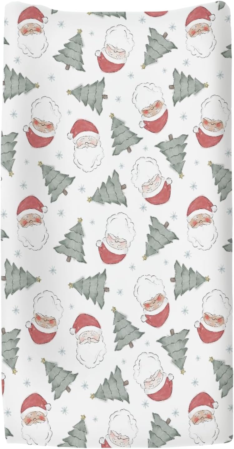 Pastel Santa Christmas Trees Baby Changing Pad Covers for Boy Girl Red Santa Claus Snowflakes Fitted Changing Table Cover Mats Winter Holiday Festive Soft Diaper Change Table Cover Sheets 32''×16''