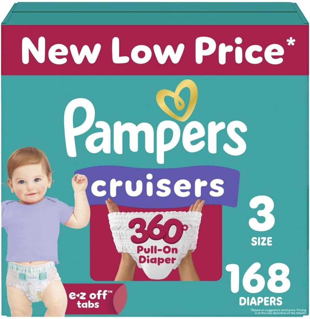 Pampers Diapers - Cruisers 360 - Size 3, 168 Count, Babyproof, up to 100% Leakproof Pull-On Diaper (Packaging May Vary)