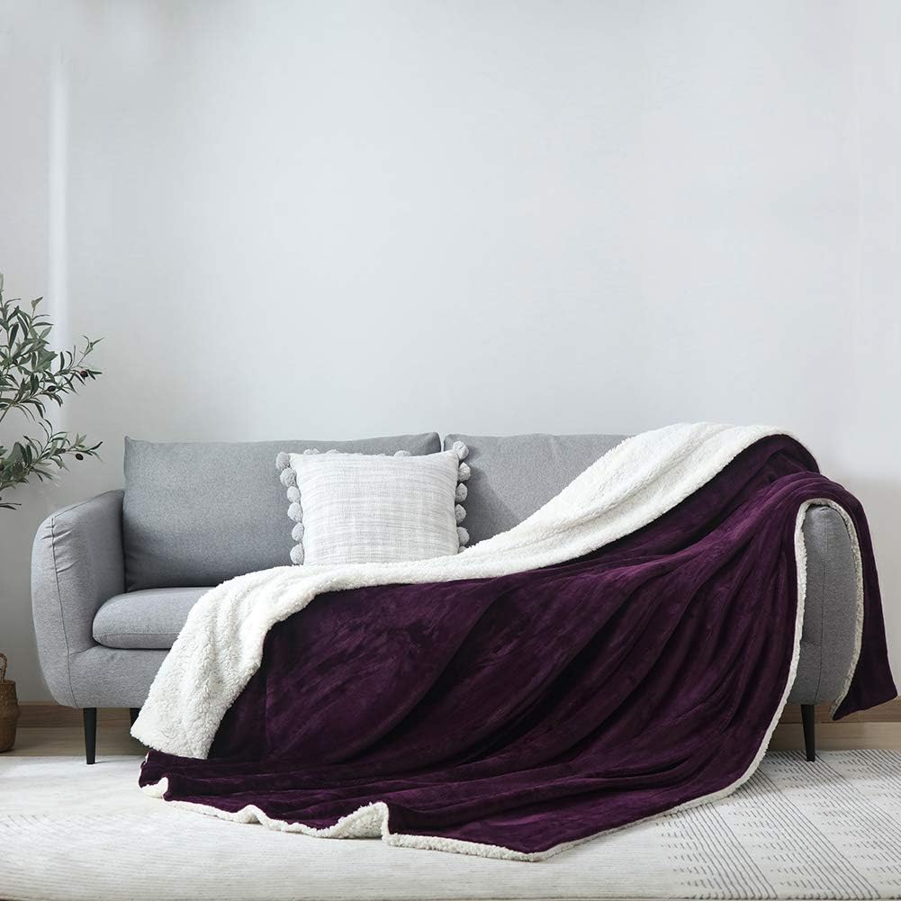 NANPIPER Bed Blanket Reversible Sherpa Flannel Blanket Super Soft Fuzzy Lightweight Fleece Microfiber (90"x90" Purple) Queen
