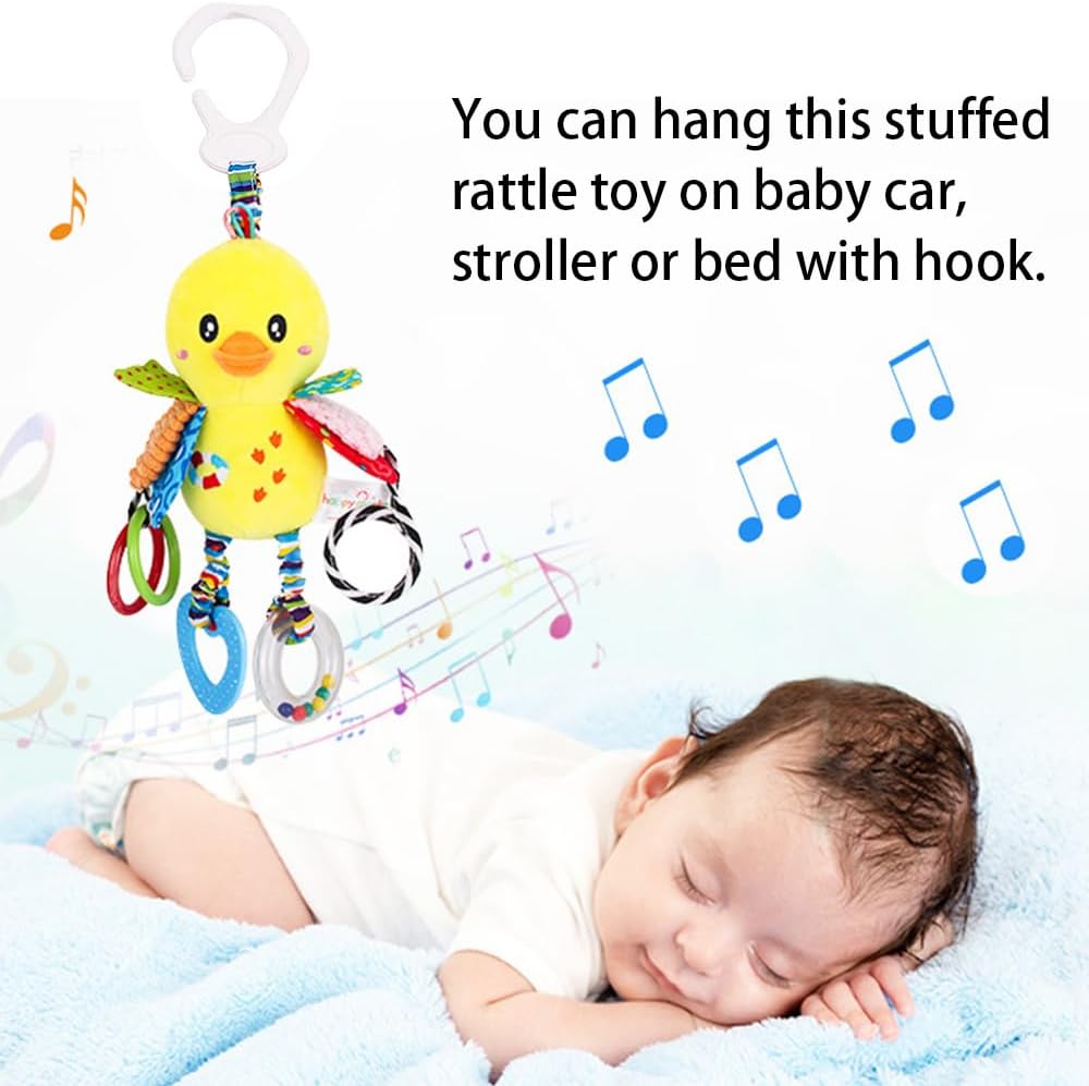 D-KINGCHY Baby Car Seat Stroller Toys Plush Hanging Animal Stuffed Rattle with Teether Sound for 0-3 Years Old (Duck)