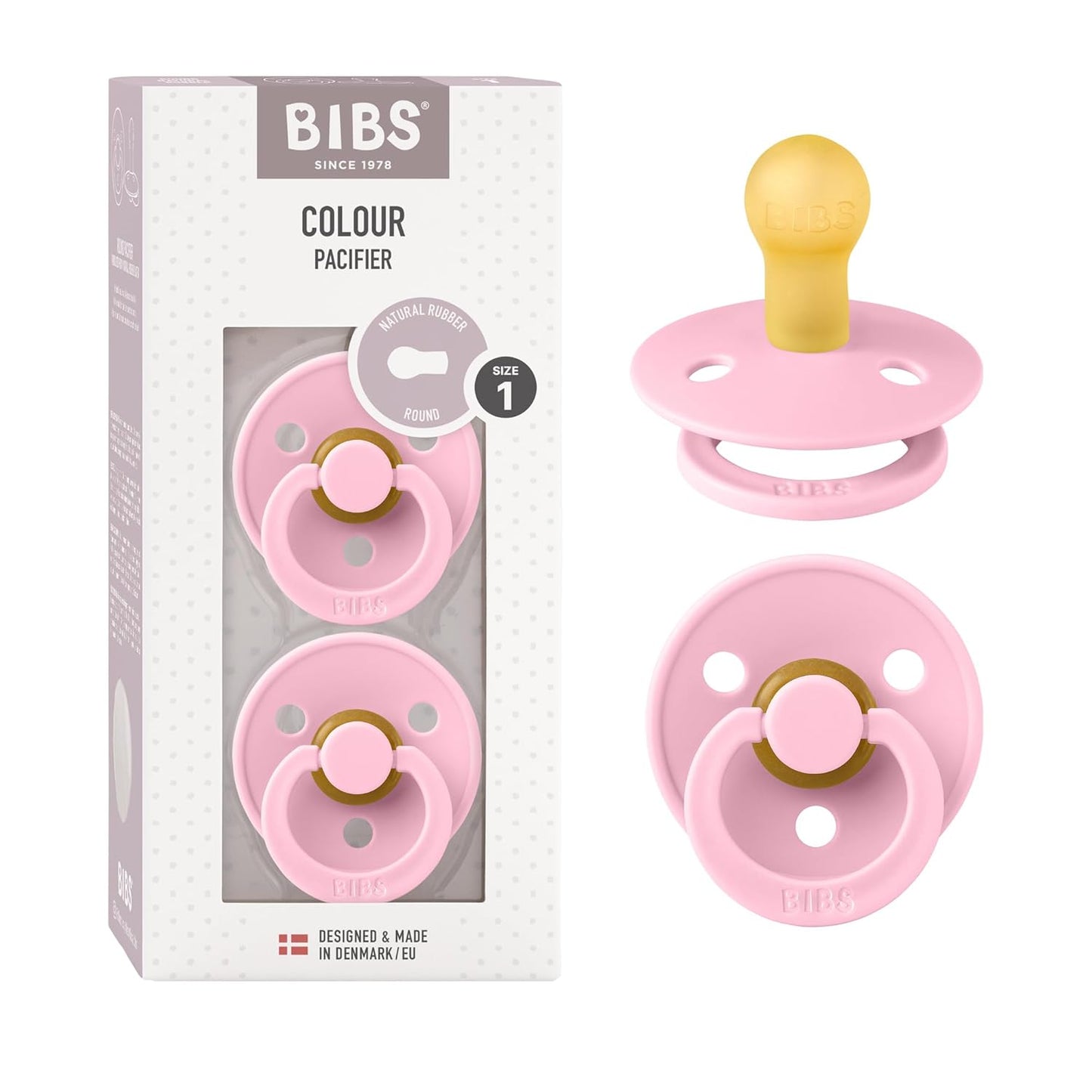BIBS Pacifiers Colour Collection | Natural Rubber Baby Pacifier | Set of 2 BPA-Free Soothers | Made in Denmark | 0+ Months (Pack of 2) | Baby Pink