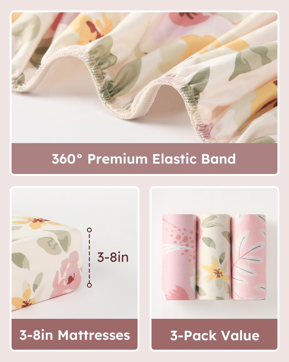 Pack and Play Sheets Fitted 3 Pack, Mini Crib Sheets for Pack N Play Mattress Stretchy Portable Playard Sheets, Soft Breathable Pink Flowers & Leaf