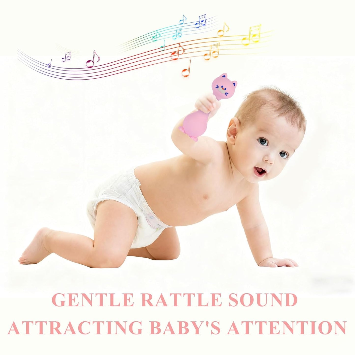 Baby Rattle Teething Toys Cat Silicone Teether Rattles for Baby 0-36 Months Food Grade Silicone (Pink)