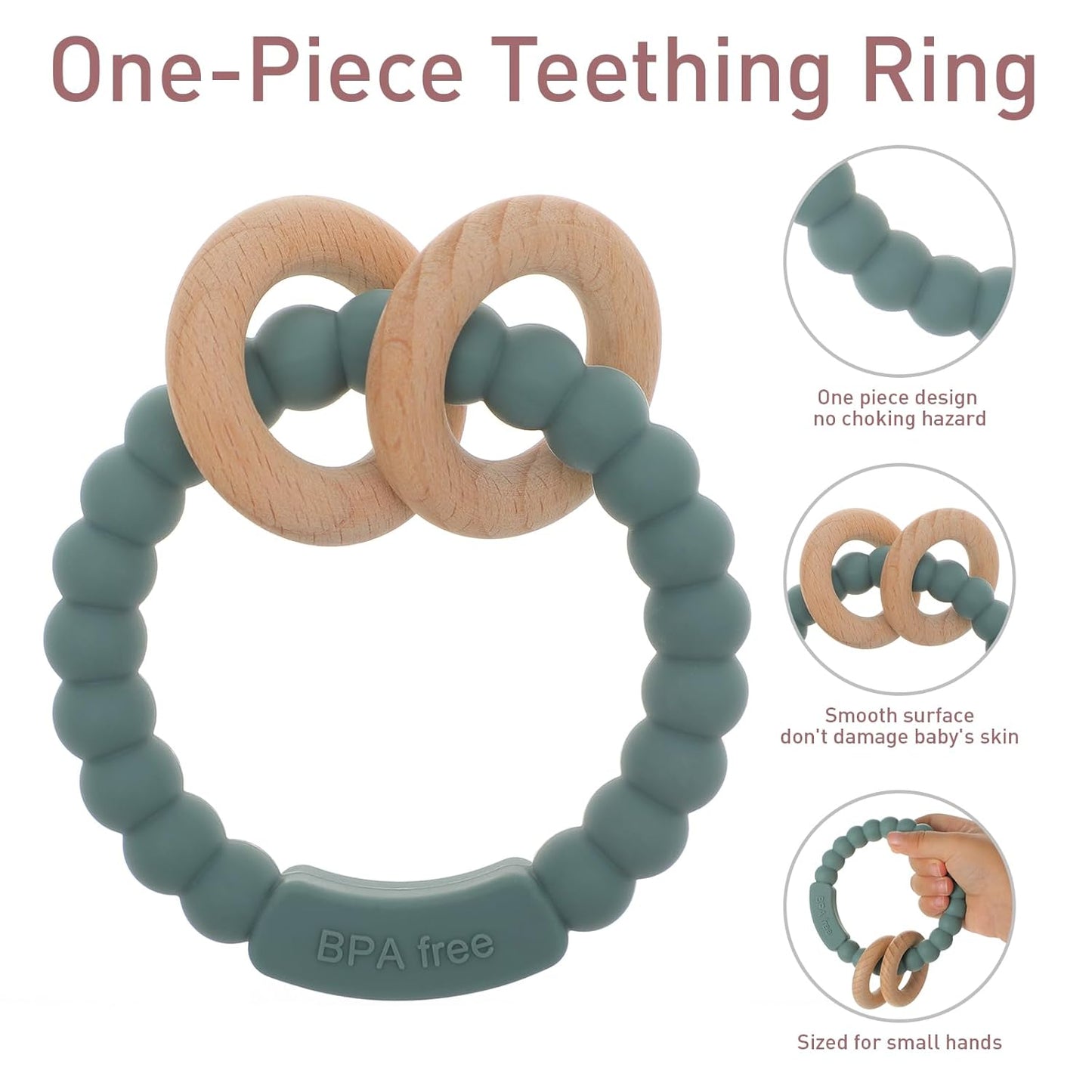 Baby Teether, One Piece Design Silicone & Beech Teething Ring Toy for Babies, BPA Free (Hunter Green)