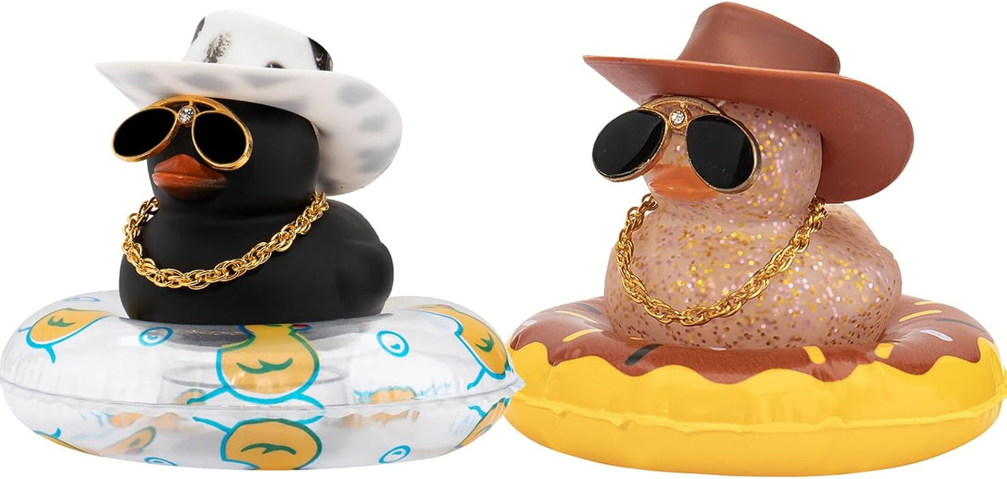 wonuu 2Pcs Car Dashboard Decorations Color Ducks, Rubber Duck for Car Ornament Accessories with Mini Hat Sunglasses Necklace and Swim Ring, A_Black&Brown Duck+Black Spots Cowboy&Brown Cowboy