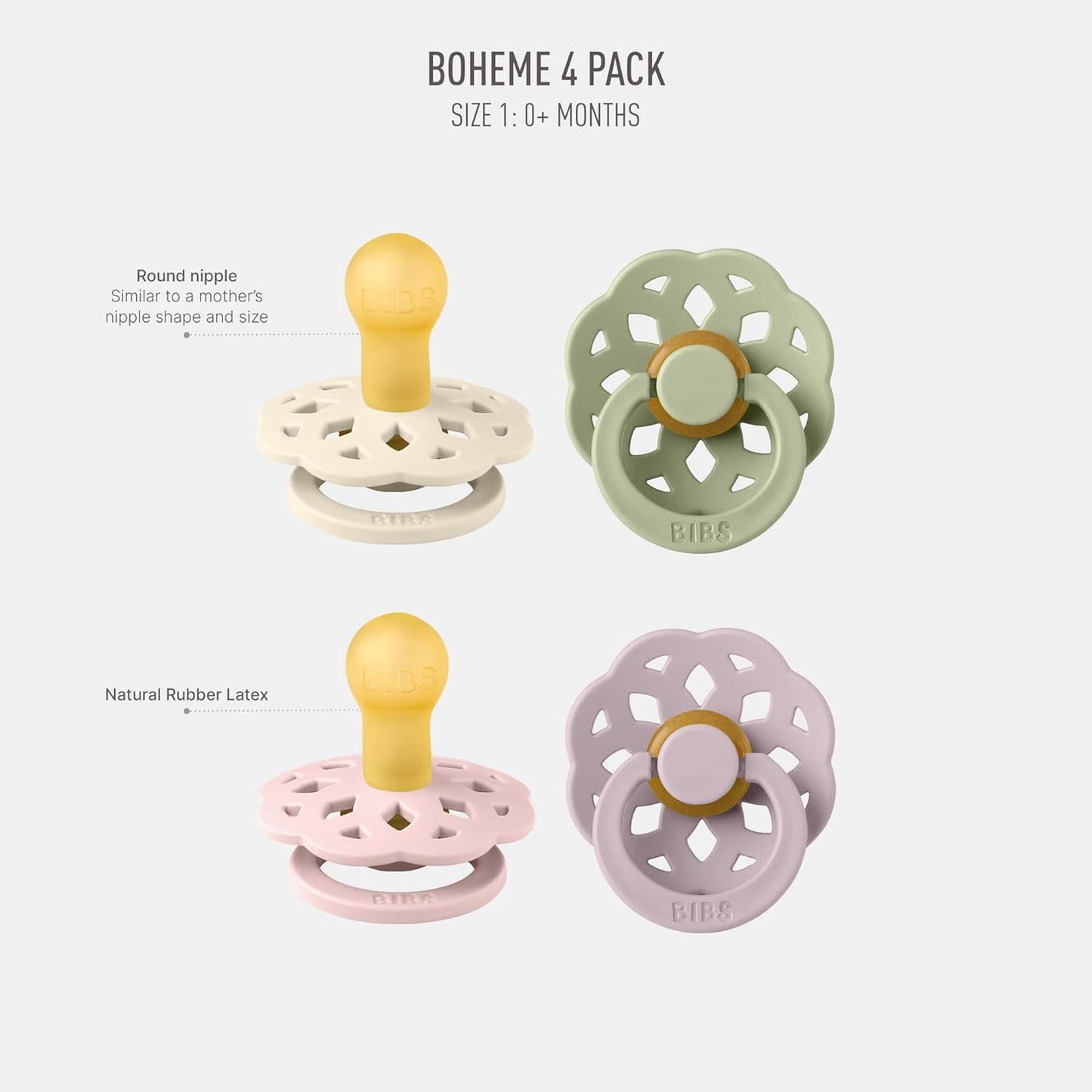 BIBS Boheme Soother 4-Pack | BPA Free Dummy Pacifier | Round Nipple | Natural Rubber Latex | Made in Denmark| Size 0-6 Months | Dusky Lilac Mix