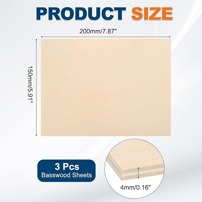 MECCANIXITY 3 Pcs Basswood Sheets 8 x 6 x 5/32 Inch Unfinished Wood Boards