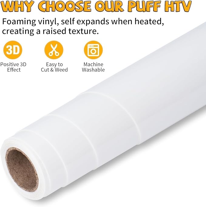 VinylRus Puff Heat Transfer Vinyl-12” x 5ft White Heavy Duty Puff Iron on Vinyl
