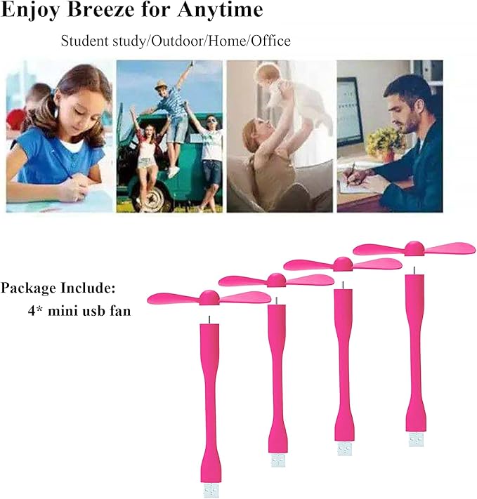 Mini USB Fan, Portable Pocket Fan USB-A Powered Little Cooler, Quiet Operation, for Home Office Car Outdoor Travel- 4 Pack (Pink)