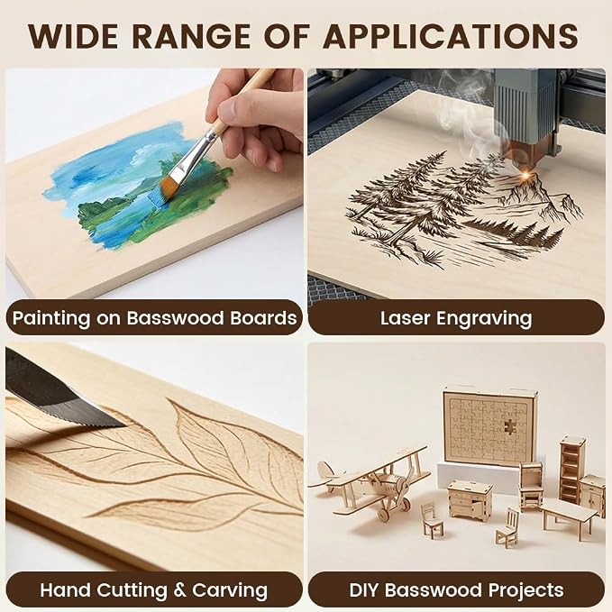 12 X 12 X 1/16 Inch Basswood Sheets, 12 Pack Plywood Sheets, Unfinished Thin