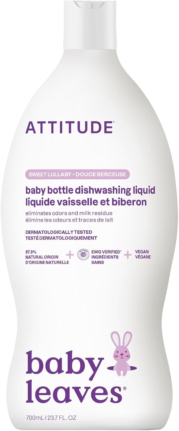 ATTITUDE Baby Dish Soap and Bottle Cleaner, EWG Verified Dishwashing Liquid, No Added Dyes or Fragrances, Tough on Milk Residue and Grease, Vegan, Sweet Lullaby, 23.7 Fl Oz