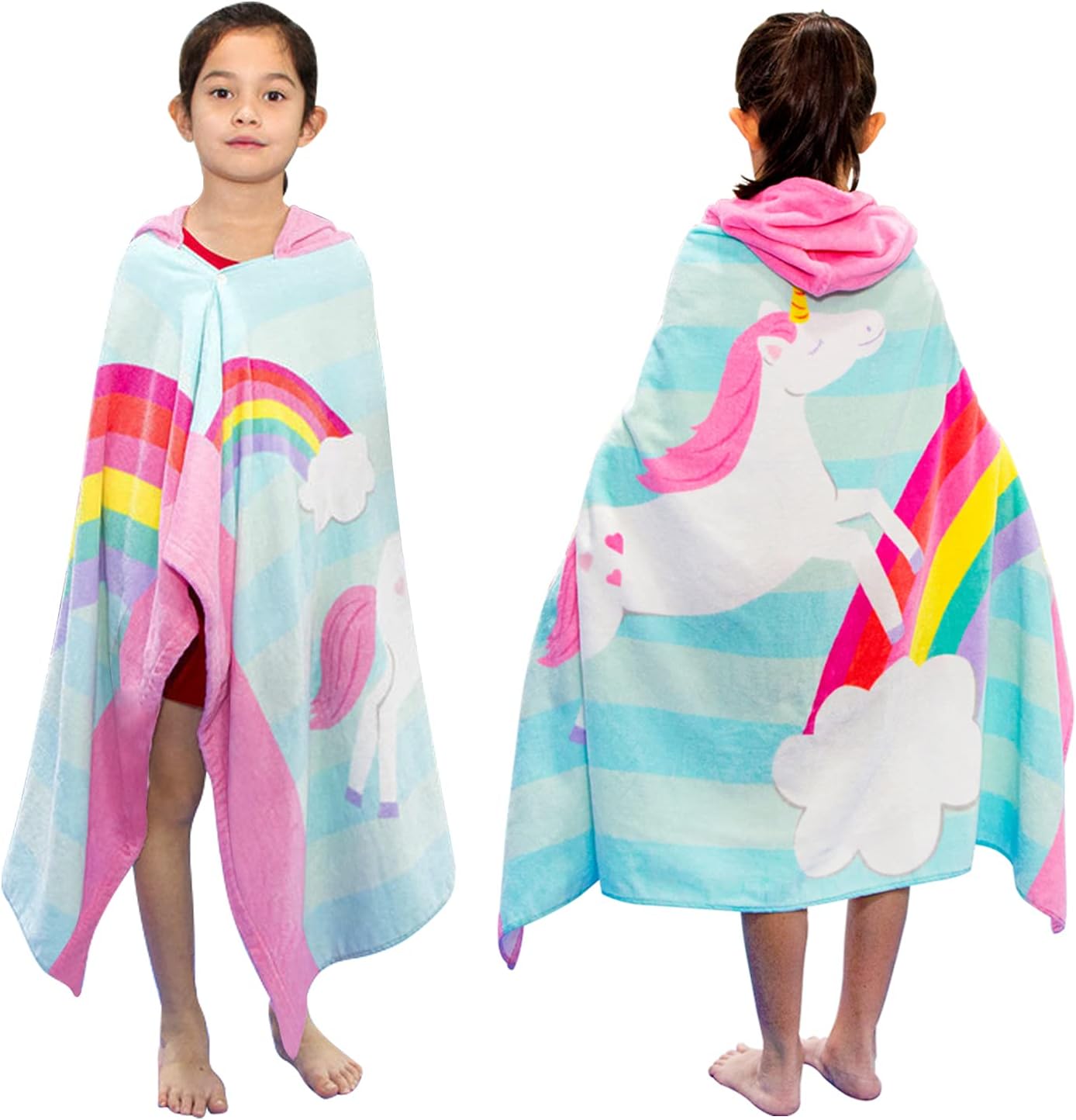 BANGSAUR Kids Hooded Beach Towels, 100% Cotton 50x30 inches Bath Pool Swiming Towel Wrap, Toddlers Girls 3-12 Years Coverup Rainbow Unicorn