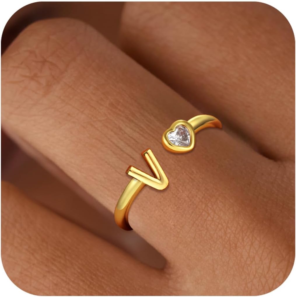 C-leen Christmas Gifts for Grandkids Teens Girls - 18K Gold Plated Adjustable Initial Rings for Women Girls Dainty Gold Rings Christmas Gifts for Women Teen Girl Trendy Stuff