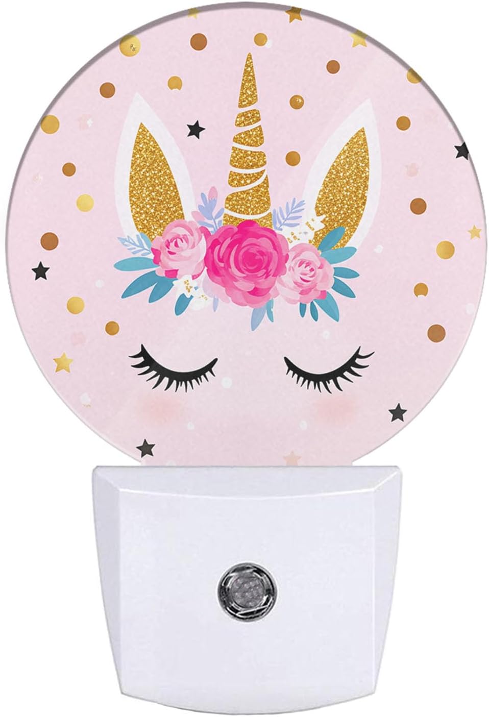 EKOBLA Unicorn Pink Night Light Gold Golden Polk Dots Stars Night Lights Plug into Wall with Dusk to Dawn Sensor Round LED Lamp for Teen Girls Fun Novelty Gift