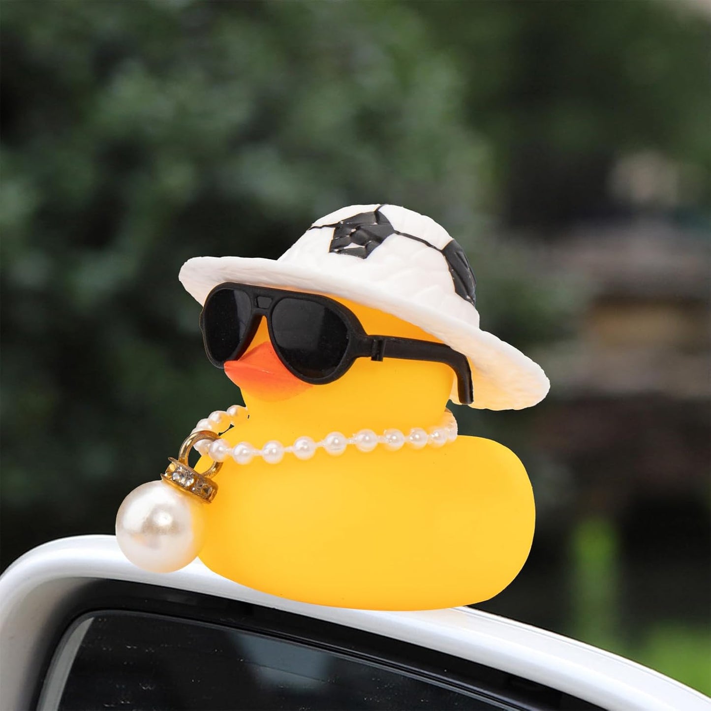 wonuu Car Rubber Duck, Yellow Duck Decoration Dashboard with Sun Hat Swim Ring Necklace Sunglasses for Car Dashboard Decorations, Soccer Hat-Transparent-Big Pearl