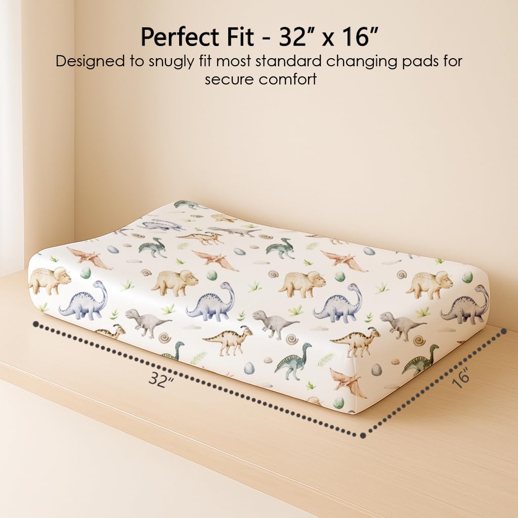 Changing Pad Cover for Baby Boys Girls 2 Pack, Fits Standard 32”×16” Changing Table Pads, Silky Breathable Stretch Knit, Machine Washable (Dino Pals)