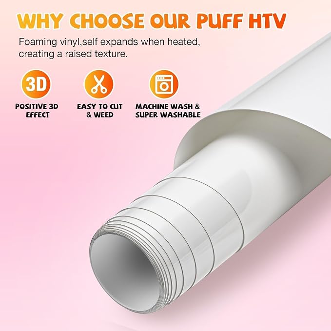 VinylRus White Puff Vinyl Heat Transfer 3D -12” x 6ft Puff Iron on Vinyl
